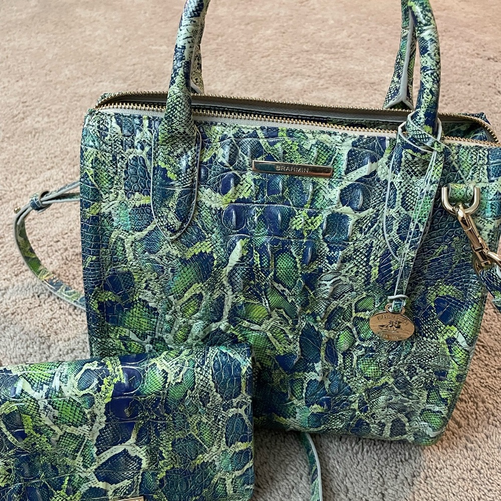 Brahmin Blue and Green Embossed Satchel Set - Picture 2 of 9